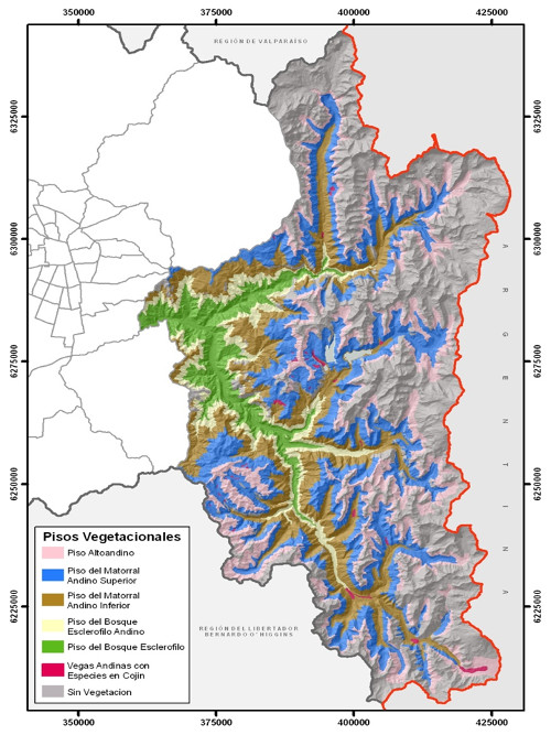 Ubicación de los cuatro pisos vegetacionales estudiados dentro de la comuna de San José de Maipo (Fredericksen et al. 2011).